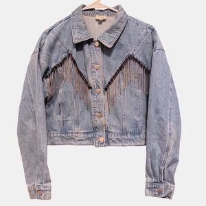 Le Lis Collection Light Wash Denim Fringe Jacket Rhinestone‎ Western Cropped M